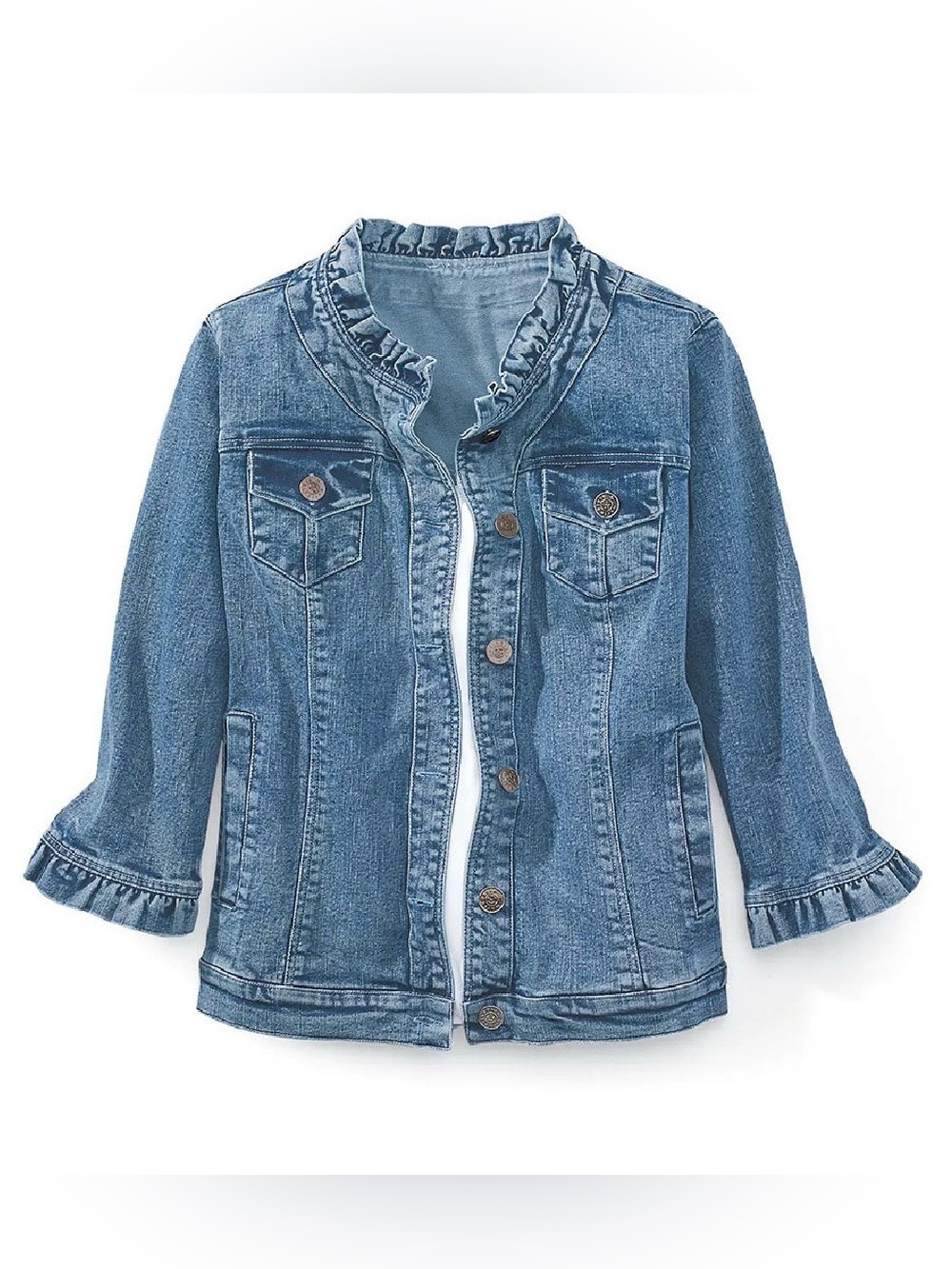 Ruffled Denim Jean Jacket — 3/4 Sleeve Button Front | NorthStyle